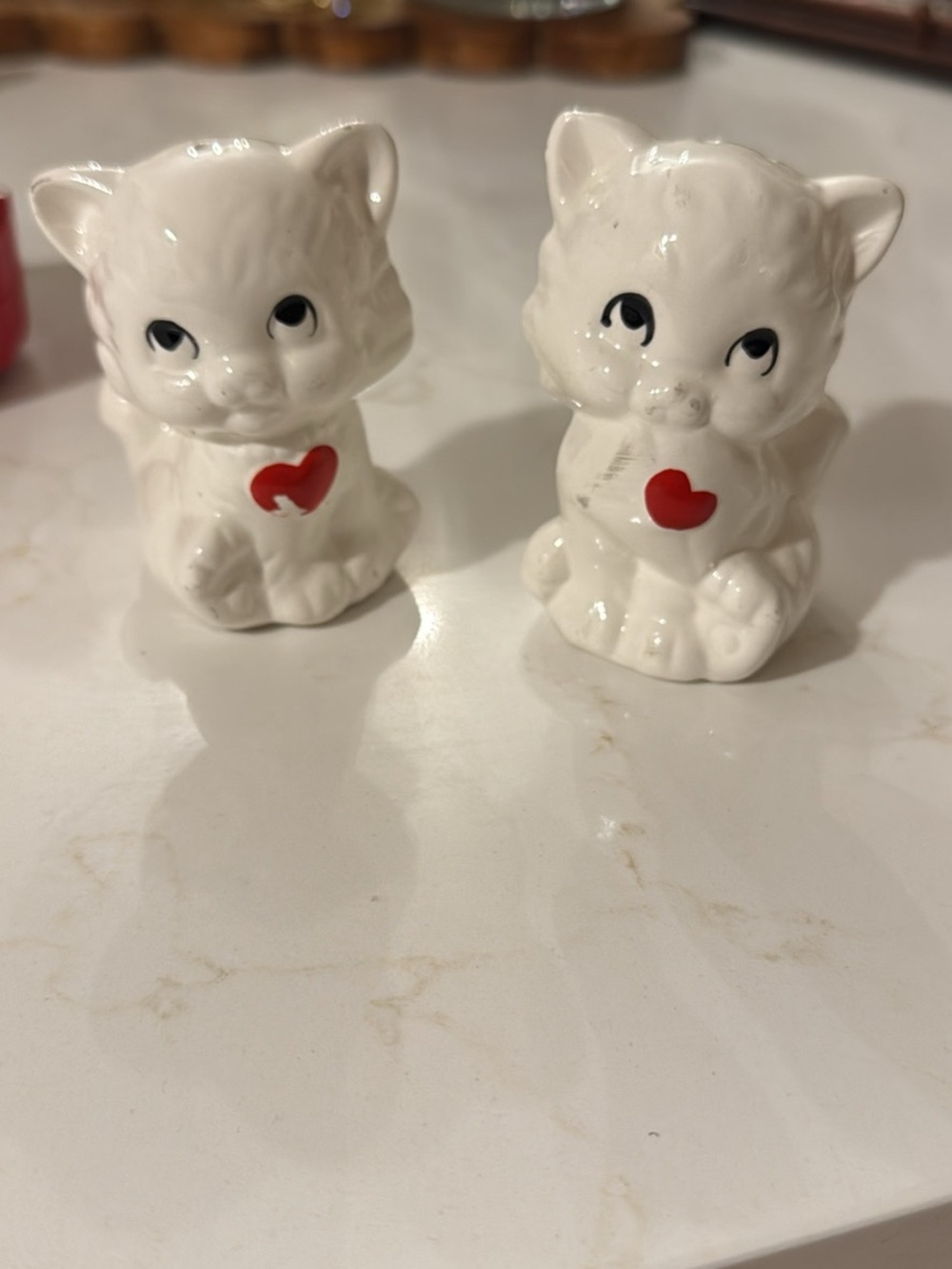 Vintage White Ceramic Cat Salt and Pepper Shakers with Red Heart